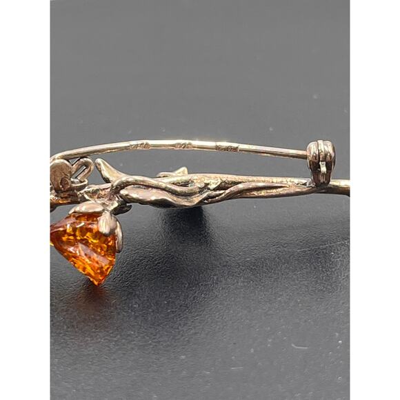 Baltic Cognac Amber Double Rose Brooch 925 Sterling Silver Hand Carved Signed - Picture 7 of 12